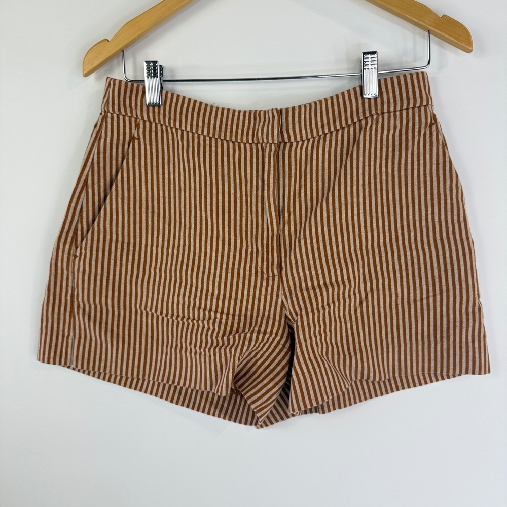 Vanessa Bruno Elisam Shorts Women 38 Brown Striped Cotton Linen Tailored 5EVA62